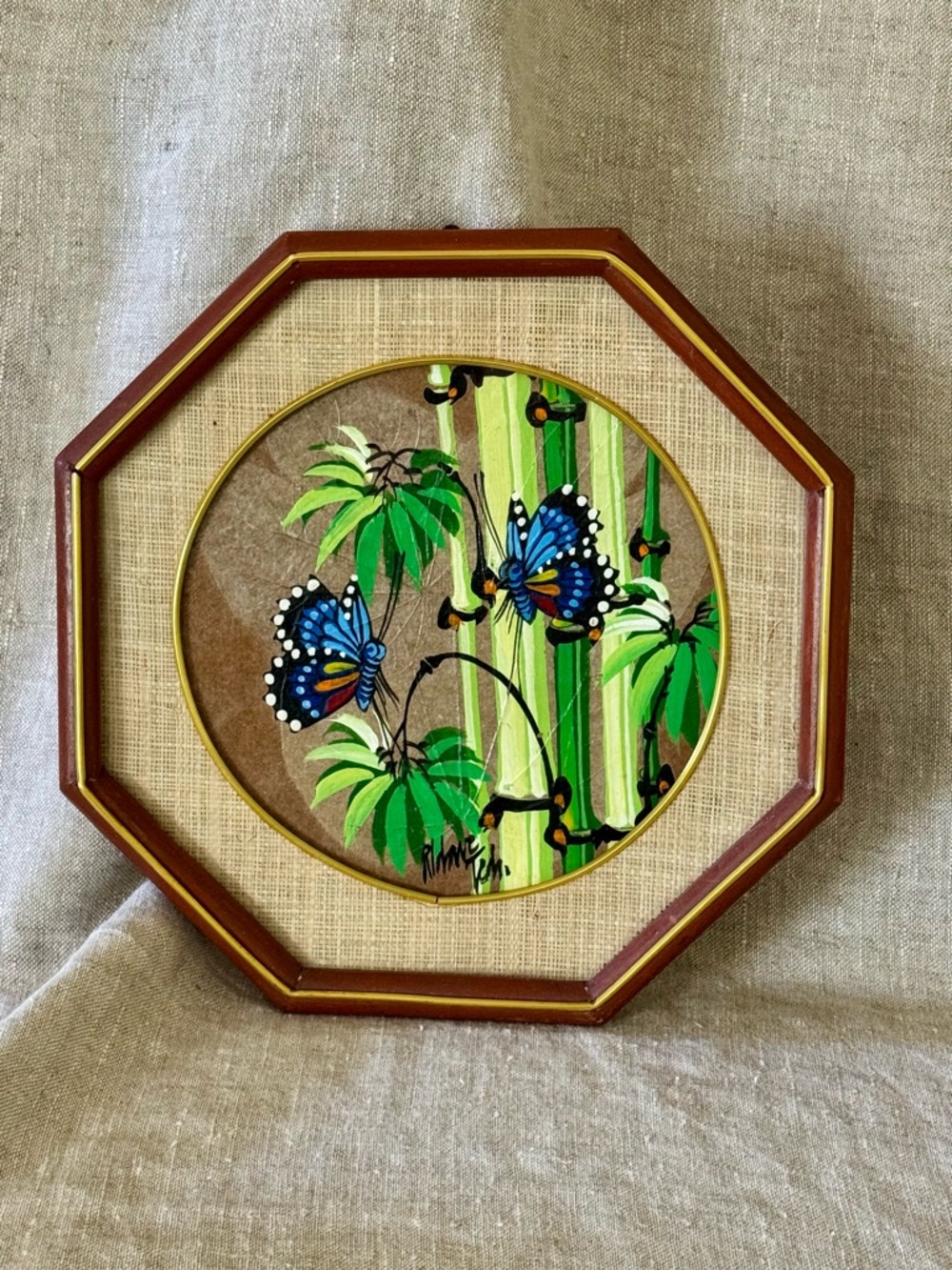 vintage framed butterflies & bamboo artist signed